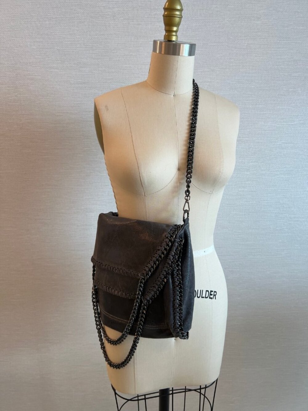 Sofia Black Faux Leather Foldover Chain Shoulder Bag Made in Italy